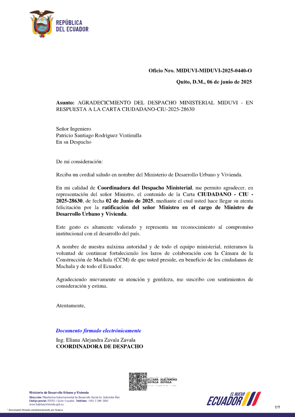 Reconocimiento del Ministerio de Desarrollo Urbano y Vivienda (MIDUVI) a la&nbsp;CCM
